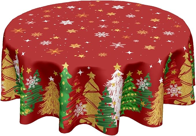 Christmas Tablecloth Round 60 Inch Xmas Theme Red and Gold Trees Snowflake Decorative Table Cloth Winter Holiday Table Cover for Kitchen Dinner Home Decor