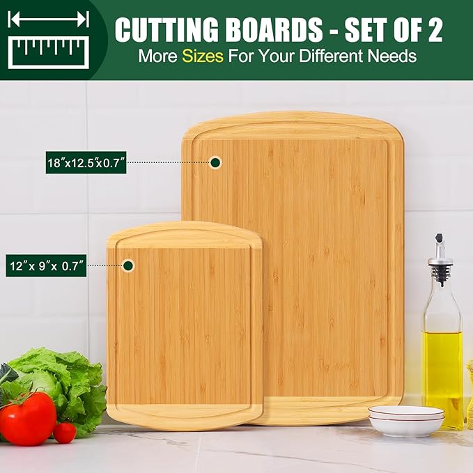 Homaxy Bamboo Cutting Boards for Kitchen Set of 2, Wood Cutting Board Set with Juice Groove, Wooden Butcher Block Chopping Board Set for Kitchen, Meat, Cheese, Fruit & Vegetables - Pre Oiled, Two-Tone