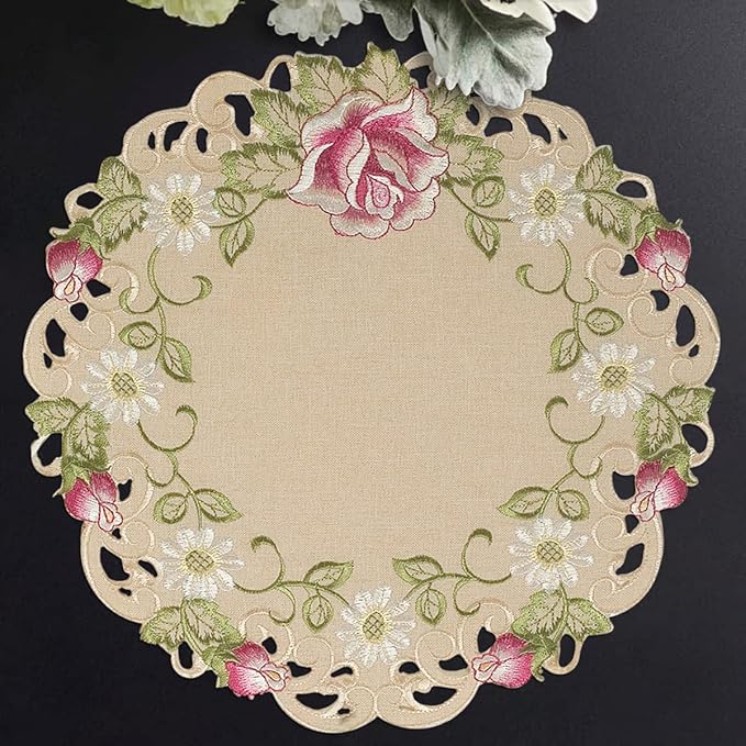 Decozen Set of 4 Doilies for Table, Lace Doilies - Rustic, Crochet, Farmhouse, Kitchen, Round Table Placemats - Valentines Day Decorations - 15 inch Beige, The Docia Collection