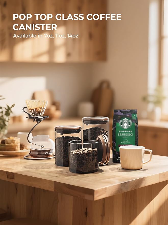 Coffee Canister for Ground Coffee, 13 oz Borosilicate Air Tight Coffee Bean Container with Pop Lid, CO₂ Releasing Valve for Grounds Coffee, Anti-UV