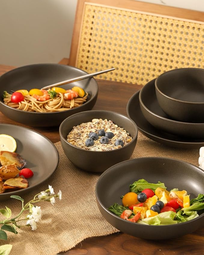 Dinnerware Sets, Stoneware Plates and Bowls Sets, Farmhouse 12 Piece Dish Set for 4, Ceramic Plates Set for Kitchen, Scratch Resistant, Dishwasher & Microwave Safe, Pure Black