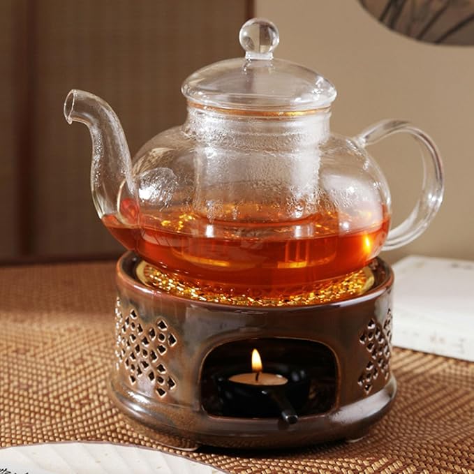 Teapot Warmer Ceramic Teapot Heater with Spoon Lid, Candle Holder for Heating Tea, Coffee and Milk, Universal Teapot Heater Brown
