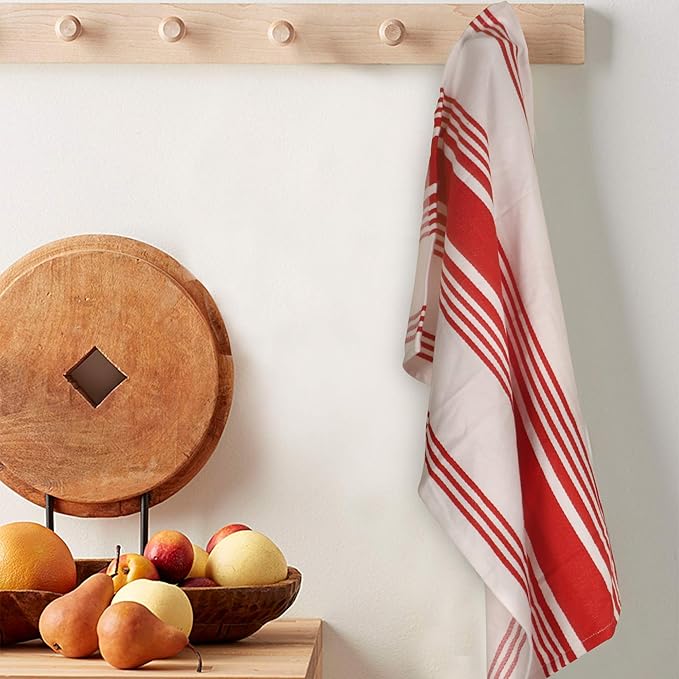 Urban Villa Kitchen Towels 100% Cotton Dish Towels for Kitchen (Set of 6) 20”x30” Dish Cloths Highly Absorbent Kitchen Linen Set with Hanging Loop Perfect for Drying Dishes Cleaning Towels-Red White