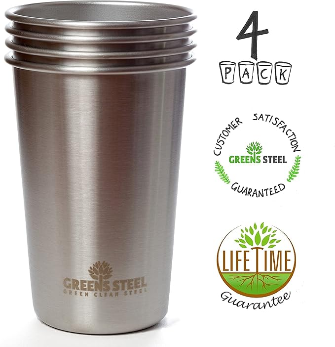 #1 Premium Stainless Steel Cups 16 oz Pint Cup Tumbler (4 Pack) By Greens Steel - Premium Metal Cups - Stackable Durable Cup