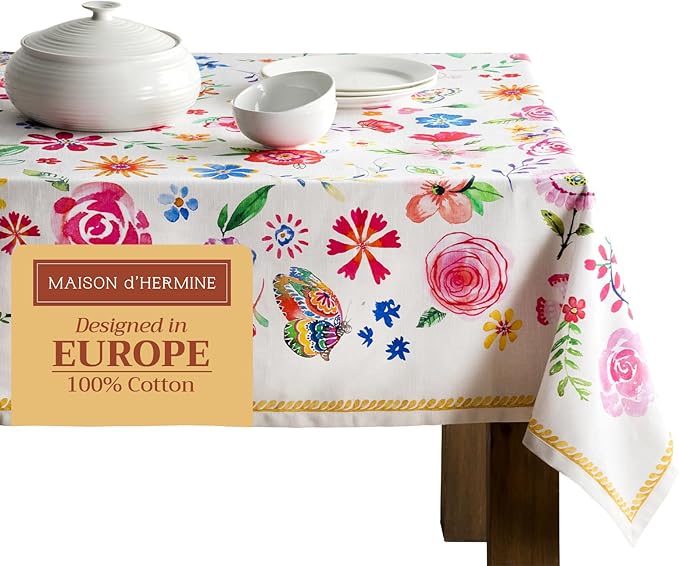 Maison d' Hermine Table Cloth Rectangle Table 100% Cotton 60 x 120 Inches Tablecloth Reusable Decorative for Dining Room Farmhouse Home Valentines Day Decorations Spring Summer- Happy Florals - Sweety