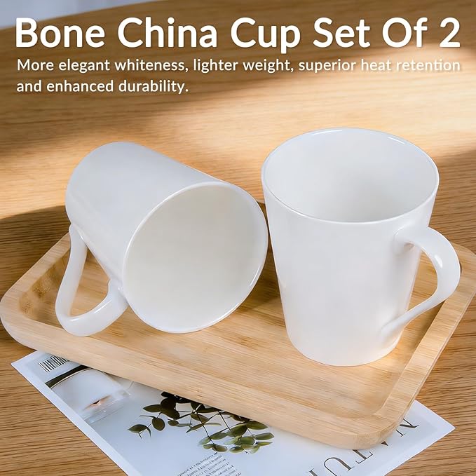11 Oz Plain White Fine Bone China Coffee Mugs Set of 2, V-Shaped Latte Mug With Handle, DIY Mug Gift, White Ceramic Coffee Cups for Cappuccino, Hot Cocoa, Milk, Tea, Lightweight Coffee Mugs