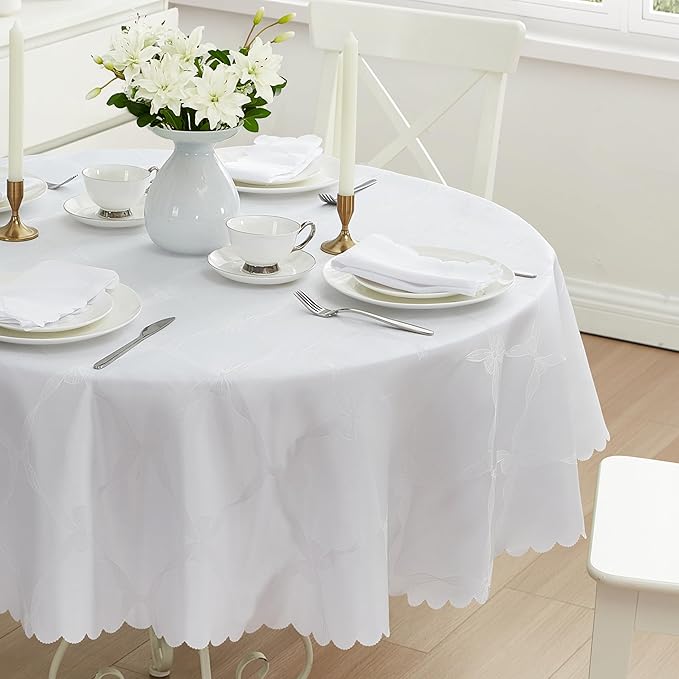 Newbridge Ribbons and Bows Damask Spring & Easter Holiday Fabric Tablecloth, White, 90 Inch Round, Wrinkle & Stain Resistant Table Cover