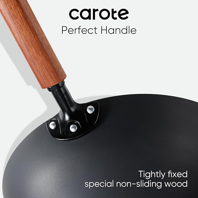 CAROTE 12.5" Carbon Steel Wok Pan, 6.5QT Woks & Stir-fry Pans Nonstick, No Chemical Coated Pre-Seasoned Flat Bottom Wok with Lid for Stir Fry, Chinese Cast Iron Wok Cooking Pan All Stovetop Compatible