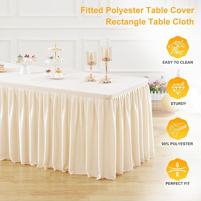 Wish Care 2 Pack Light Champagne Rectangle Table Clothes for 8 Foot Tables, Polyester Fitted Tablecloths 8ft Stretch Table Cover for Wedding, Birthday, Parties, Trade Show, Craft Show
