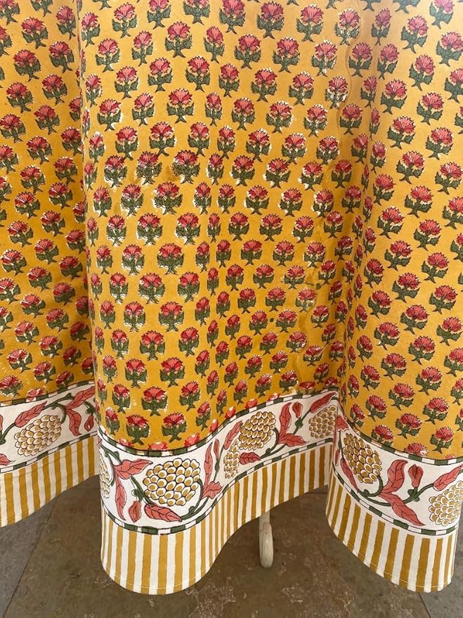Ridhi Block Print Round Mustard Yellow Reusable Tablecloth 100% Cotton 120" Inch Decorative Table Cover eveyday Dining, Home, Party, Wedding, Farmhouse Gift for Spring, Easter, Valentine