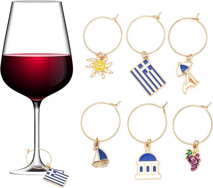 Serendipity Greek Wine Glass Charms, Gift for Greeks, Greece Inspired Glass Identifiers, Set Include 6 charms: Greek Flag, Santorini Chapel, Sun, Sunbed, Boat and Grape, Greek Woman Gift