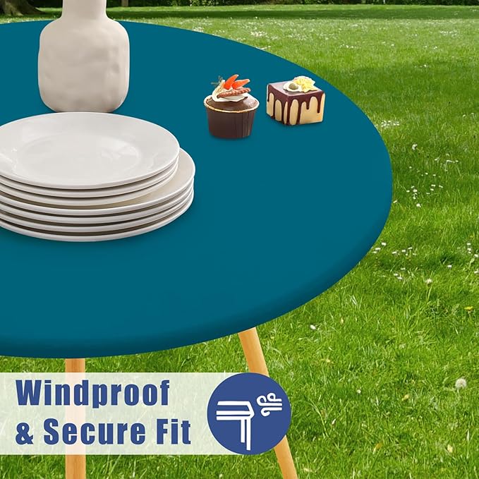 Round Spandex Tablecloth, Elastic Fitted Waterproof Tablecloths for 57"-68" Tables, Stretch Washable Picnic Table Cover for Camping, Dining, Indoor and Outdoor,Peacock Blue