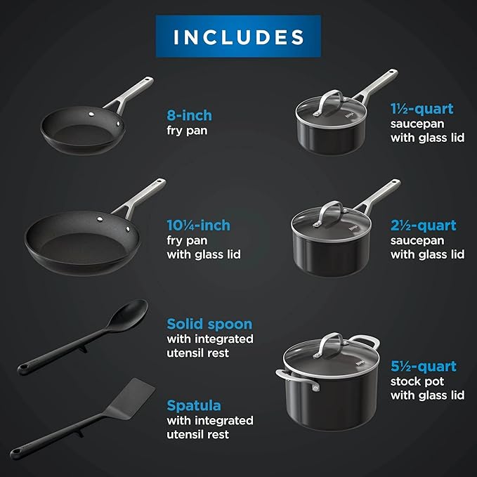 Ninja NeverStick Essential 10-Piece Cookware Set, C19010 – Durable Nonstick Pots & Pans, Hard-Anodized, Oven Safe to 500°F, Even Heat Distribution, Metal-Utensil Safe, Dishwasher Safe