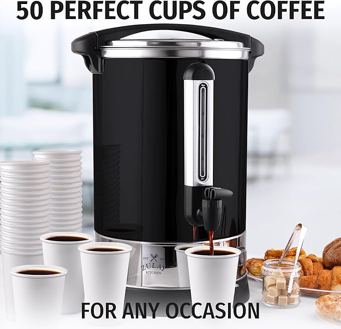 Zulay Kitchen Commercial Grade Coffee Maker Hot Water Urn - Percolator With Double-Wall Stainless Steel, Quick Brew, Stays Hot for Tea & Beverage at Events & Catering - Black - 50 cups