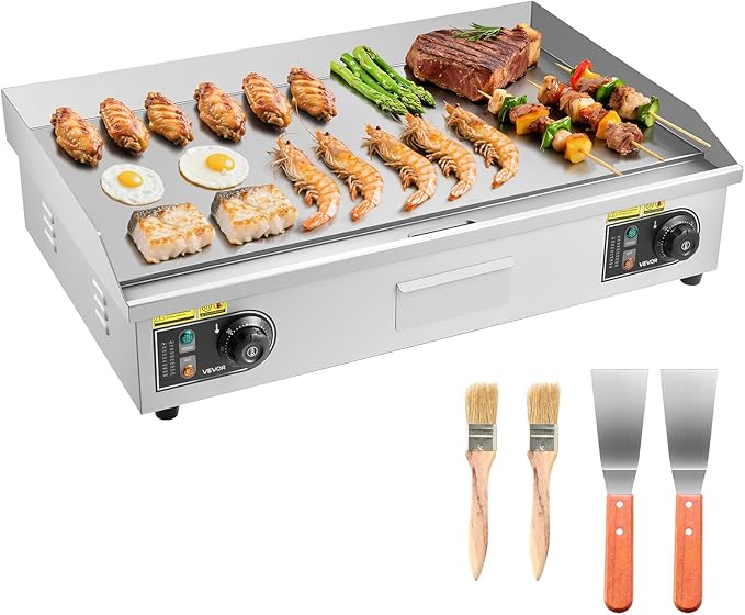 VEVOR Commercial Electric Griddle, 28.54 x 15.75 in, 4400W, 122-570°F Adjustable Temp Control, Stainless Steel Countertop Full Flat Top Grill with 2 Spatulas and 2 Brushes, for Steak, Pancake, Squid
