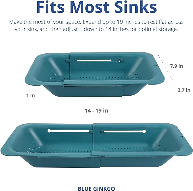 BLUE GINKGO Over the Sink Colander Strainer Basket - Wash Vegetables and Fruits, Drain Cooked Pasta and Dry Dishes - Extendable - New Home Kitchen Essentials (Green, 2 Pack)