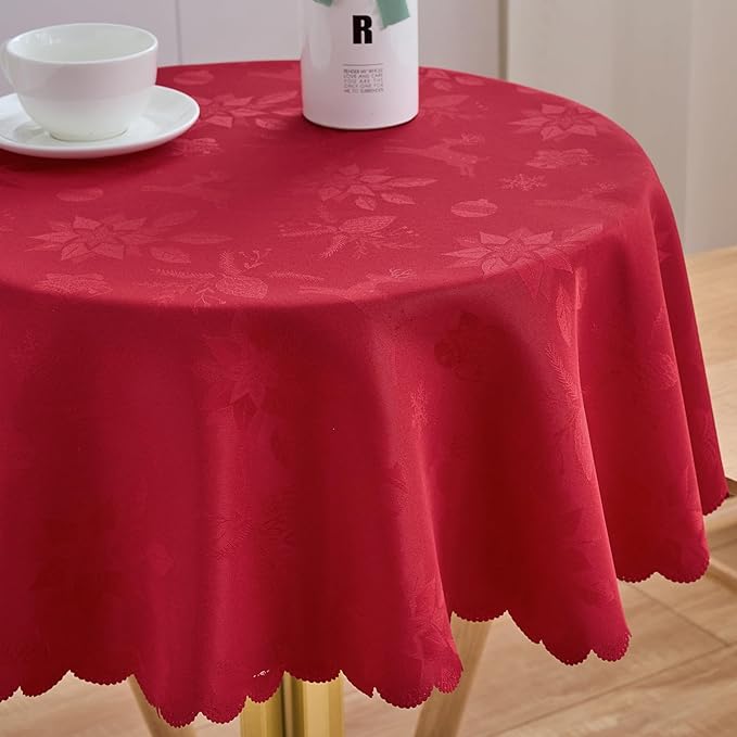 Christmas Round Tablecloth Red Small 40 Inch Table cloths Up to 26" Dia Tables Leaves Pattern Scalloped Edge Waterproof Washable Jacquard Table Cover-Kitchen Dinner Decor Talking Coffee Bar