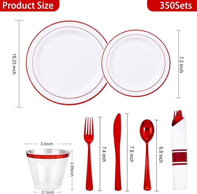 WELLIFE 350 Pcs Red Plastic Plates for 50 Guests - Plastic Dinnerware Set,Valentines Party Supplies Includes 100 Red Plates,150 Silverware,50 Napkins,50 Cups, Valentines Plates