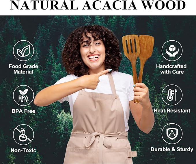 2 PCS Acacia Wood Spatula for Cooking Utensil Set Baking Spatulas for Kitchen Use Accessories Flat Slotted Turner Non Toxic Olive Wooden Utensils Non Stick Bamboo Serving Spatula Long Wok Spatulas
