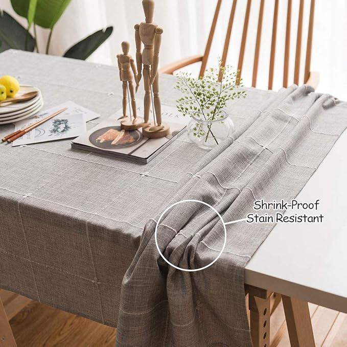 ColorBird Farmhouse Tablecloth Solid Embroidery Lattice Cotton Linen Table Cloth Fabric Wrinkle Free Washable Table Cover for Kitchen Dinning Tabletop Decor (Rectangle/Oblong, 52 x 86 Inch, Grey)