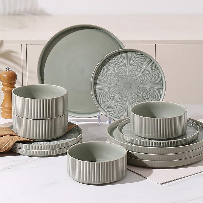 Dinnerware Sets for 4, Ceramic Plates and Bowls Set 12 Piece Dinnerware Chip Resistant Stoneware, Dishwasher and Microwave Safe-Green