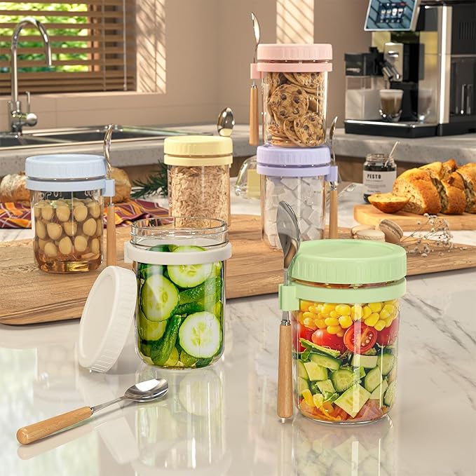 16oz Overnight Oats Containers with Lids and Spoons, 6 Pack Wide Mouth Mason Jars with Airtight Lids, Overnight Oats Jars for Salad, Chia Seed, Cereal, Yogurt
