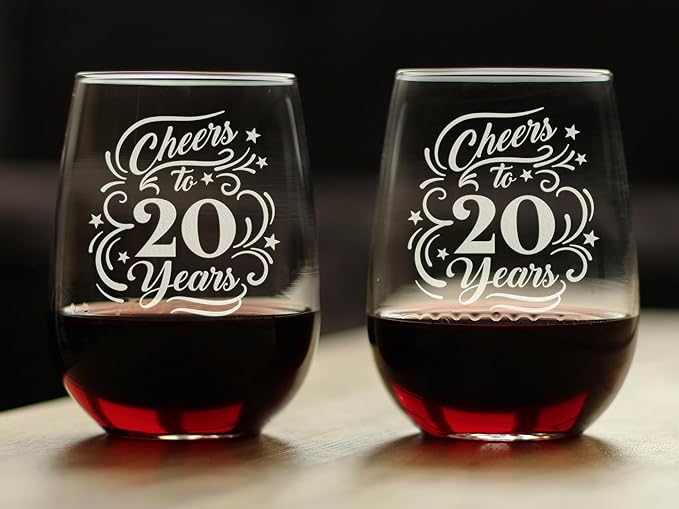 Bevvee Cheers to 20 Years - Stemless Wine Glass Gifts for Women & Men - Set of 2-20th Anniversary or Birthday Party Decor - Large 17 Ounce Glasses