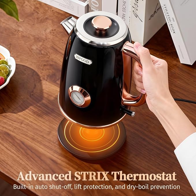 INFOOD Retro Electric Kettle 1.7L/57oz with Thermometer - 1500W Fast Boiling Stainless Steel Hot Water Tea Kettle, BPA-Free, Cordless, Auto Shut-Off, Boil-Dry Protection, Black