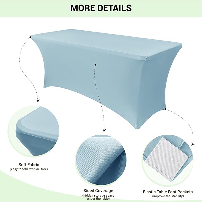 Obstal 6Ft Stretch Spandex Table Cover for Standard Folding Tables - 2 Pack Universal Rectangular Fitted Tablecloth for Party, Banquet, Events, Trade Show (Dusty Blue, 72L x 30W x 30H Inches)