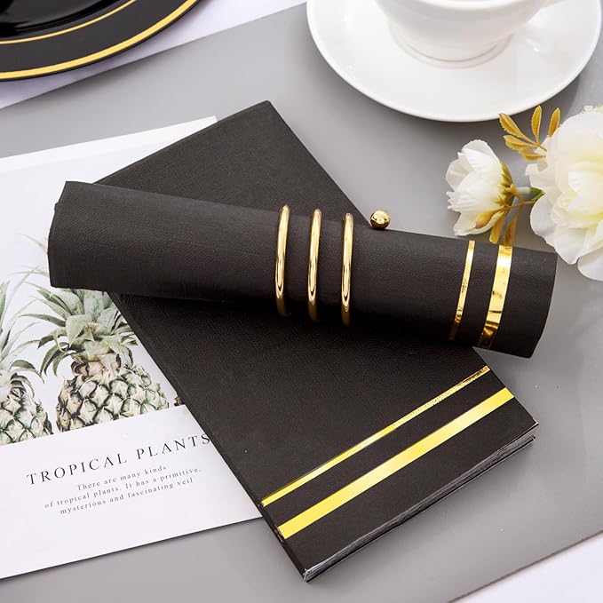 BUCLA 100-Count 3-Ply Black and Gold Napkins - Black Paper Dinner Napkins Disposable Premium Quality, Disposable Soft, Absorbent for Party, Wedding, Kitchen&New Year