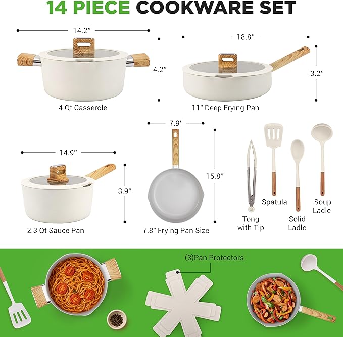 NutriChef 14-Piece pots and pans Set Ceramic Cookware Set - Induction Safe Pots and Pans with Glass Lids, Cool-Touch Handles, Dishwasher Safe, Includes Ladle, Tongs, Spatula, White