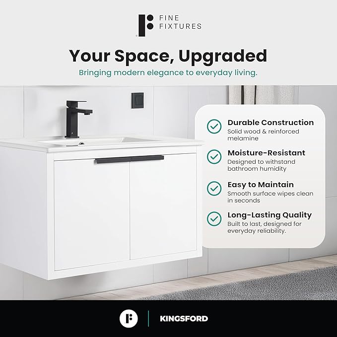 Fine Fixtures Kingsford Modern 30 Inch Bathroom Vanity with Sink, White Finish, Elegant Bathroom Vanities for Modern Homes, Stylish Storage Solutions for Bathrooms