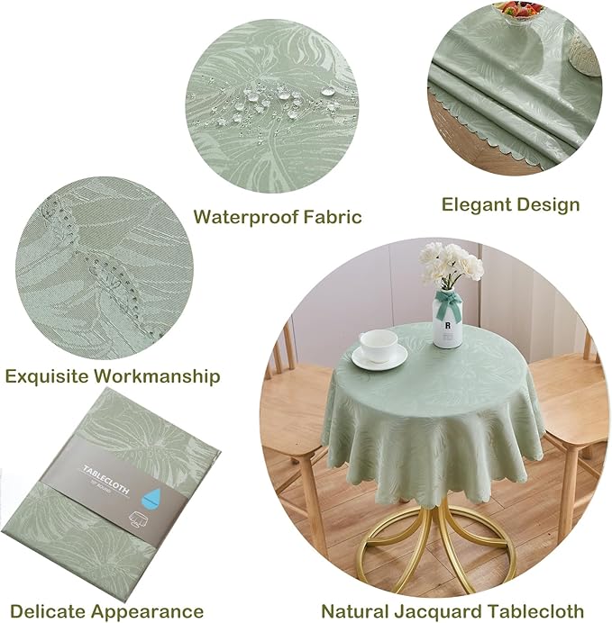 Round Tablecloth Green Small 40 Inch Table cloths Up to 26" Dia Tables Leaves Pattern Scalloped Edge Waterproof Washable Jacquard Table Cover-Kitchen Dining Room Tabletop Decor Coffee Bar