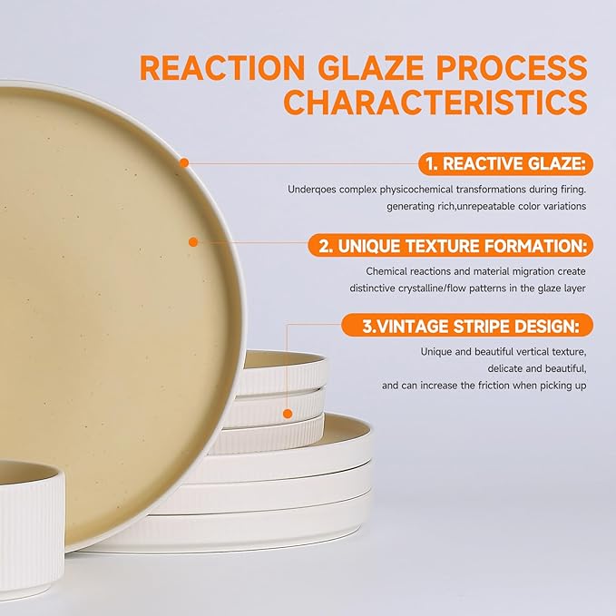 MONITO Ceramic Dinnerware Sets for 4, 12PCS Stoneware Plates and Bowls Sets, Reactive Glaze Dish Set, Chip and Scratch Resistant Double, Microwave and Dishwasher Safe, White Orange