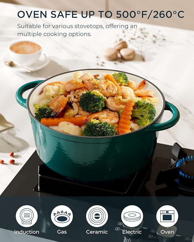 Enameled Cast Iron Dutch Oven - 4.5QT Pot with Lid & Cotton Potholders - Heavy-Duty Cookware for Braising, Stews, Roasting, Bread Baking, Oven Safe up to 500°F & Across All Stovetops, Bottle Green