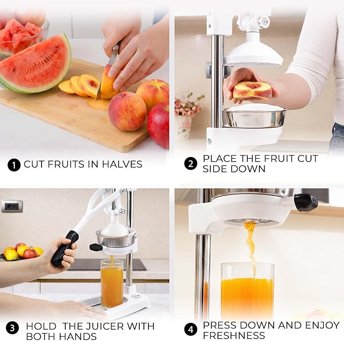 Zulay Kitchen Pulverizer 9 in 1 Cast Iron Juicer - Easy-to-Clean Heavy-Duty Manual Juicer with Presser Attachment to Juice All Types of Fruits! Extra Tall with Stainless Steel Bowl - White