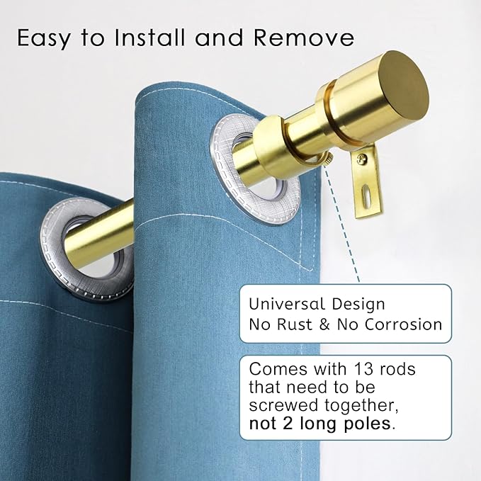 Curtain Rods for Windows 16 to 200 Inches Adjustable Length 1 Inch Diameter Window Curtain Rod with Aluminium Finials, Gold