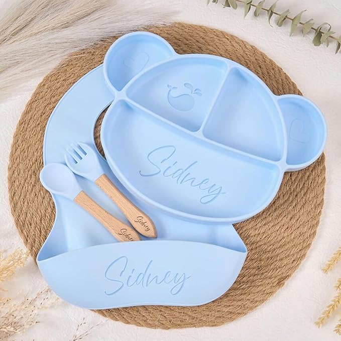 Silicone Feeding Set with Engraved Name for Baby-Led Weaning - Personalized Suction Plate, Bib, Utensils Eco-Friendly, BPA-Free Toddler Essentials - Newborn Shower Gift (4pc set)