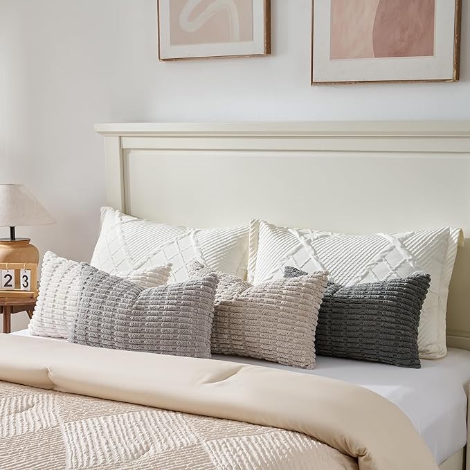 Fancy Homi Set of 4 Grey and White Lumbar Rectangle Decorative Throw Pillow Covers 12x20 Inch for Couch Bed Chair, Farmhouse Boho Room Decor, Soft Fuzzy Corduroy Textured Striped Cushion Case 30x50cm
