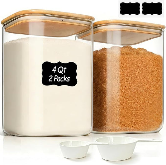 ComSaf 2Pcs Large Glass Storage Containers with Lids 4Qt, 1 Gallon Wide Mouth Flour Sugar Storage Containers, Large Capacity and Sealed for Rice, Cereal, Oat, Easy Clean and Scoop, Pantry Organization