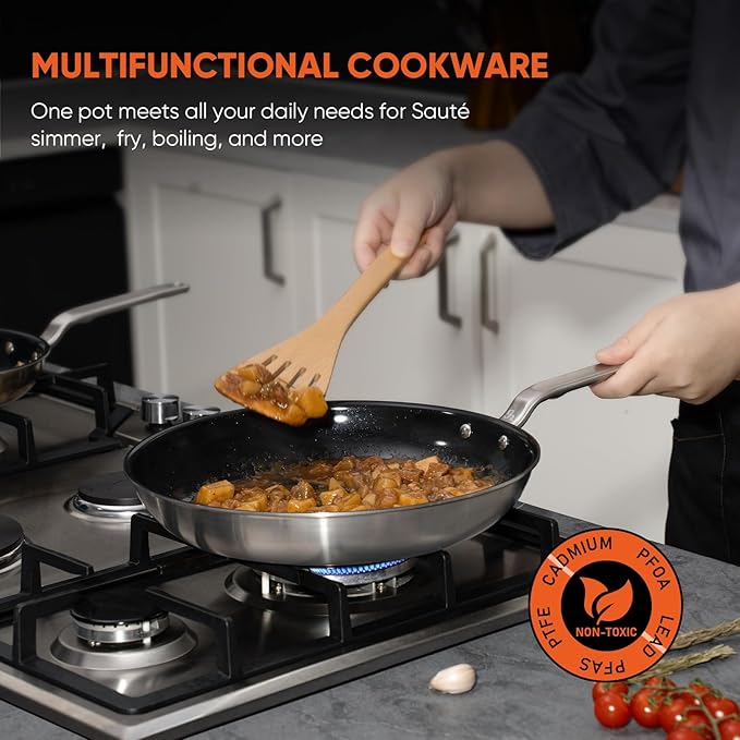5 Ply Ceramic Non Stick Frying Pans - 12 Inch Stainless Clad Nonstick Skillet, Toxic, PTFE & PFOA FREE, Professional Cookware for Induction, All Stoves and Oven up to 650°F