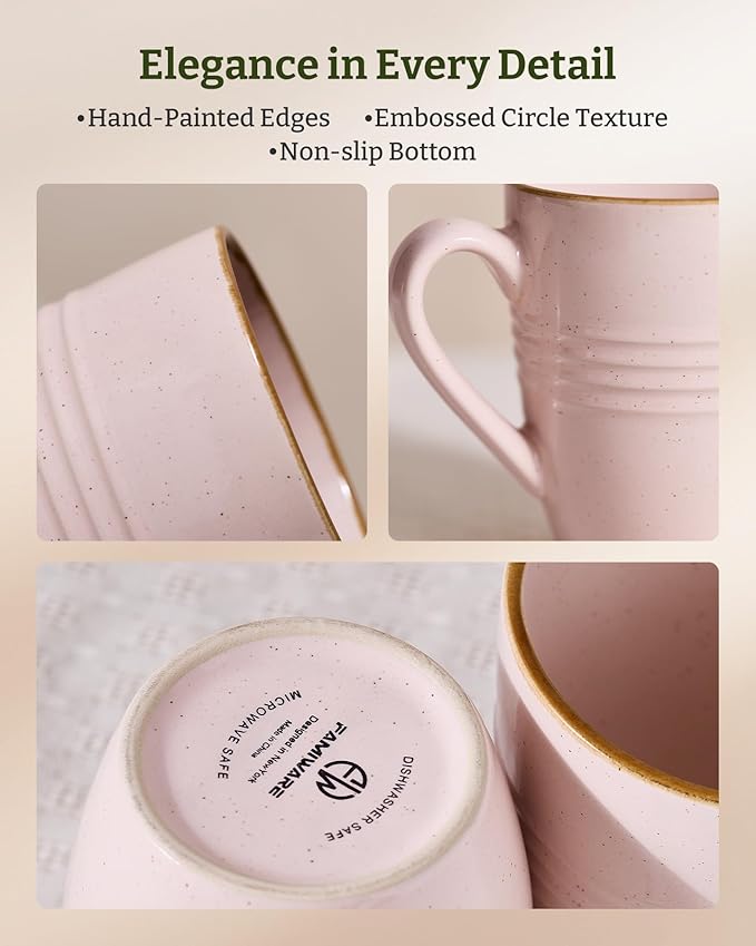 famiware Jupiter Coffee Mugs Set of 4, 13 oz Coffee Mug, Microwave and Dishwasher Safe, Coffee Cups with Handle for Coffee, Tea, Cocoa, Milk, Light Pink