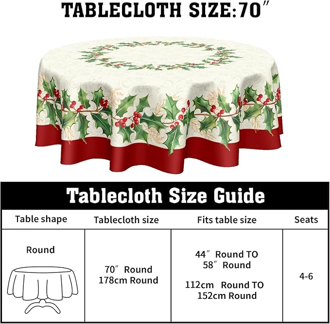 Christmas Round Tablecloth 70 Inch Red Xmas Holly Leaves Berries Pattern Circle Table Cloth Winter Holiday Decorative Table Cover for Kitchen Dinner Home Decor