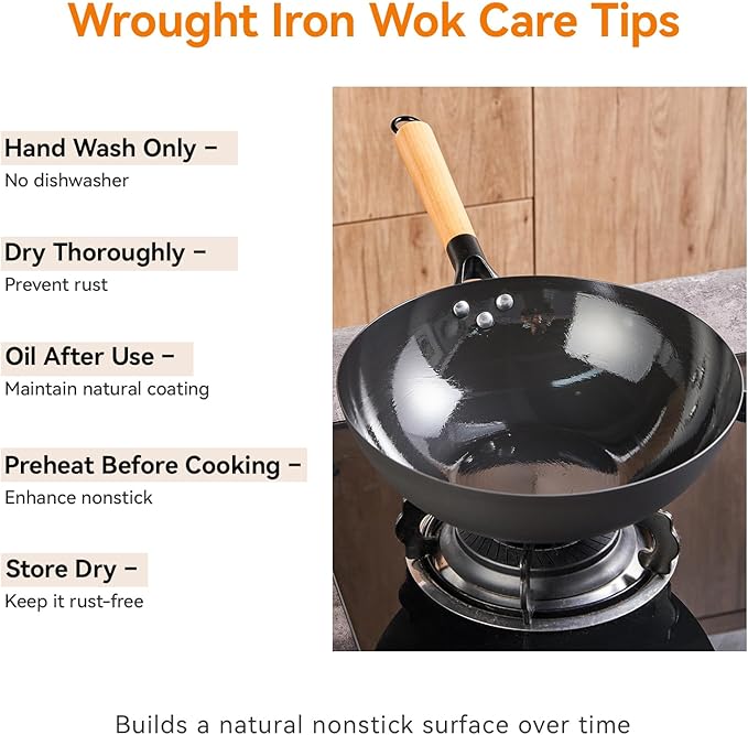 11.8 Inch Carbon Steel Wok, Flat Bottom Stir Fry Pan with Glass Lid, Uncoated High-Purity Iron Wok for Family Meals, Compatible with Gas, Electric & Induction Cooktops