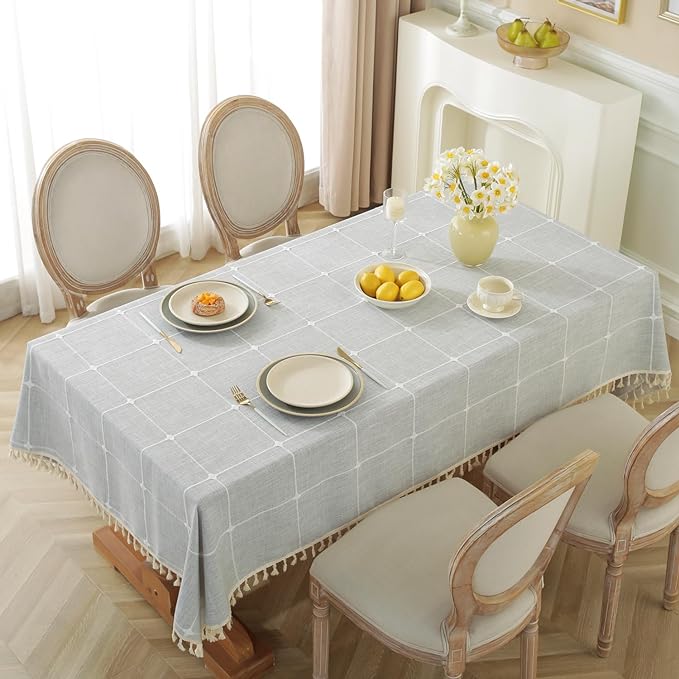 Alsoo Table Cloth Rectangle Table, Cotton Linen Tablecloth Waterproof, Boho Rustic Tables Cover with Tassel for Christmas Party Kitchen Dining Holiday Decorations (Grey Plaid, 55''x90'', 4-6 Seats)