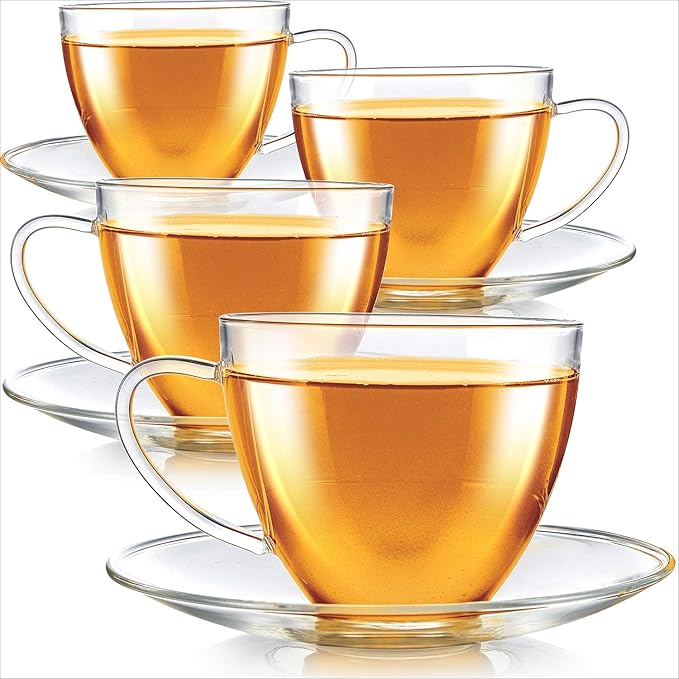 Teabloom Royal Teacup and Saucer Set 4-Pack – Large Size – 12 OZ/ 350 ML Capacity – Crystal Clear Classic Design – Glass Mug Set – Premium, Healthful Borosilicate Glass – Odor and Stain-Free
