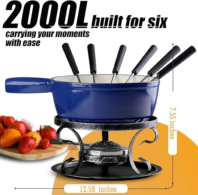 Artestia Cast Iron Fondue Pot Set for Cheese & Chocolate, Fondue Set for 6 with Burner & 6 Forks, Swiss Fondue Pot for Party, Family & Gift, Blue