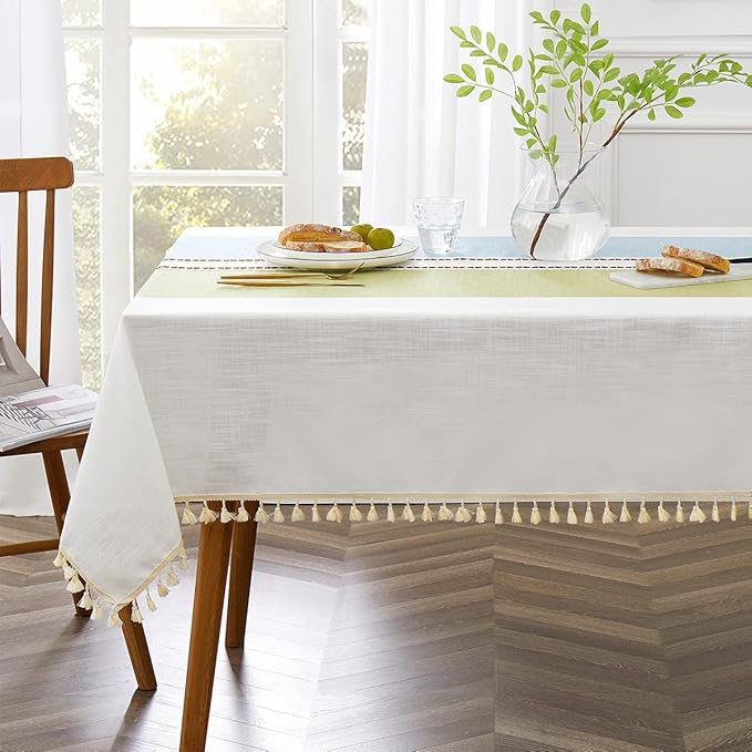 QIANQUHUI Embroidered Tablecloth for Dining Table,Dust Proof Spillproof Soil Resistant Cotton Linen Rectangle Table Cloths (Green Blue, Rectangle/Oblong, 55'x102'', 8-10 Seats)