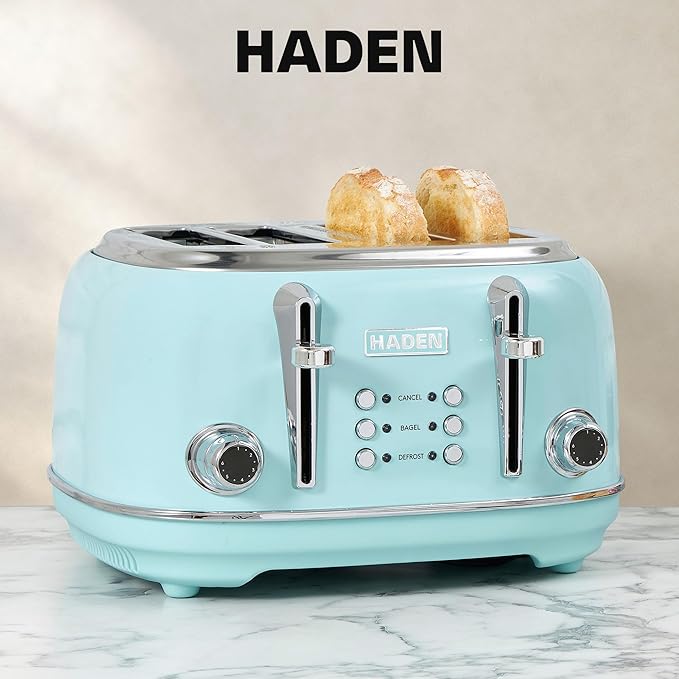 Haden Heritage 4 Slice Wide Slot Stainless Steel Toaster Bundled with 1.7 Liter Stainless Steel Electric Water Kettle, Turquoise & Chrome