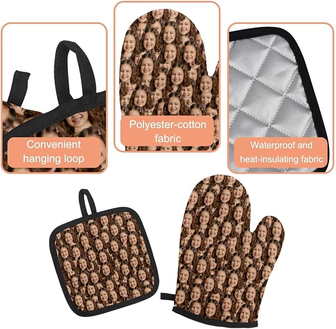 Custom Oven Mitts and Pot Holders Sets,Personalized with Face Customized Photo,Baking Gifts for Women,for Kitchen Cooking BBQ